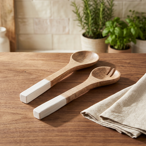 Wood <b>Salad</b> Servers Set With White Handle Eco-Friendly Dishwasher Safe <b>Salad</b> <b>Tools</b> For Kitchen - Product Image 1