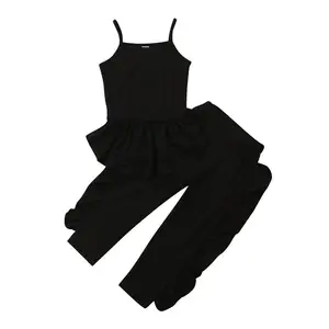 Conjuntos de pantalón con volantes para niñas, moda sin mangas, color negro sólido, venta al por mayor