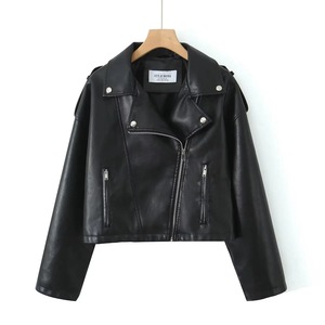 2025 femmes rétro à manches longues moto veste nouvelle mode en détresse <span class=keywords><strong>Imitation</strong></span> <span class=keywords><strong>cuir</strong></span> décontracté fermeture éclair courte longueur pour l'automne - Product Image 3