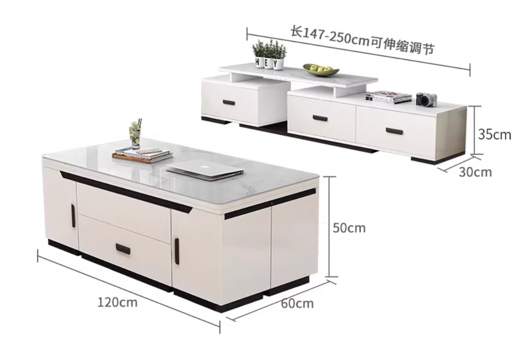 1.2m Coffee Table + TV Stand, Solid Wood Snow White Glass