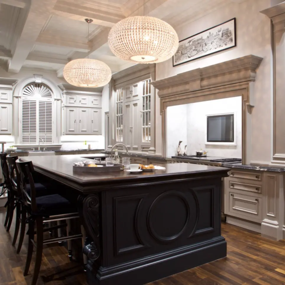 European Large Traditional U-Shape Kitchen With White Cabinets Black Island Customized Kitchen Cabinet Made In China