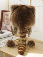 Chapeau d'hiver chaud à visière avec oreilles de chat mignonnes en fourrure, chapeau aviateur à cache-oreilles, chapeau en fourrure naturelle de raton laveur, chapeau en peluche pour parents et enfants