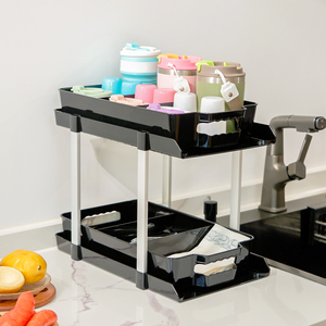 2-Tier <b>Standing</b> Type Under Sink Organizer Plastic Storage <b>Shelf</b> with Dividers Eco-Friendly Durable for Kitchen Bathroom Wardrobe - Product Image 2