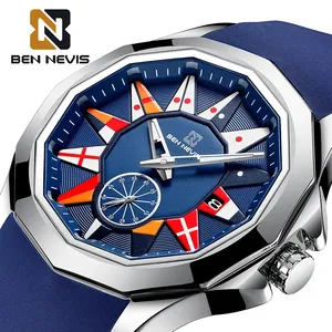 BEN NEVIS Men's Watches Luminous New Nautical Flag Dial Silicone Strap Watch Men Calendar Military Sports Waterproof Clock