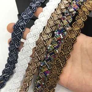 R403 factory supply glass beads trim handmade beaded lace trimming for wedding dress
