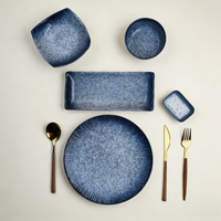 Assiettes et bols ronds en céramique pleine de style japonais, ensembles de vaisselle en porcelaine, assiettes plates vintage bleues – Vente en gros usine