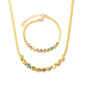 Stainless Steel <b>Crystal</b> Rhinestone Necklace And Bracelet <b>Set</b> For Women Party Jewelry Minimalist Style Gold Tone - Product Image 1