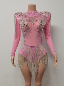 Mono corto transparente con borlas para mujer, mono Sexy con borlas para actuaciones en escenario, leotardo para fiesta y Club nocturno, monos con diamantes de imitación - Product Image 4
