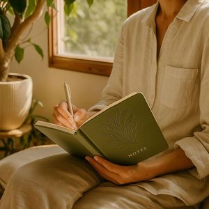 Olive Green Notebook Gift Set Debossed Leaf Design Minimalist PU Leather Journal and Beige <b>Pen</b> in Gift Box - Product Image 4