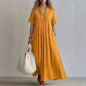 Nuevo Vestido Largo Informal para Mujer 2026, Cuello en V, <span class=keywords><strong>Manga</strong></span> Corta, Plisado, de Algodón y Lino - Product Image 3