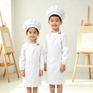 Delantales infantiles de talla única con mangas y bolsillo para dibujar, hornear, cocinar, gorro de chef, color sólido, antimanchas, ropa para niños - Product Image 3