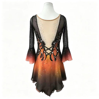 Robe de patinage artistique à manches cloche dégradé orange et noir, dos ouvert en maille, ornée de strass, pour spectacle de danse sur glace