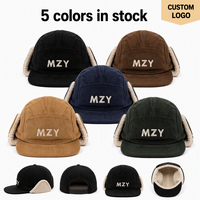 Topi Snapback Musim Dingin Unisex Custom 5 Panel Berbahan Corduroy Alpaca dengan Penutup Telinga