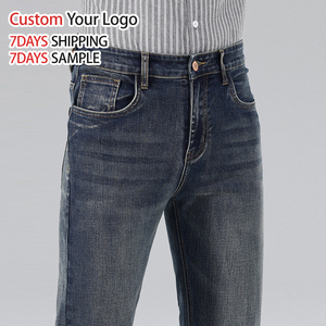 Jeans pour hommes personnalisés de haute qualité, en denim bleu extensible, décontractés, coupe ample, jambe droite, délavage clair - Product Image 5
