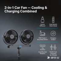 Ventilateur de voiture double tête 12V 24V ABS 10W avec grand clip de fixation rotatif à 360 degrés, support de diffuseur de parfum et câble allume-cigare de 1,5 m, modèle YMG-904