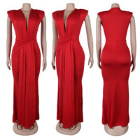 A7375 Fashion Women Elegant Dress Summer Sleeveless Belt Deep V-neck Low Cut Dress Pleated Bodycon Sexy Party Dress for Women
