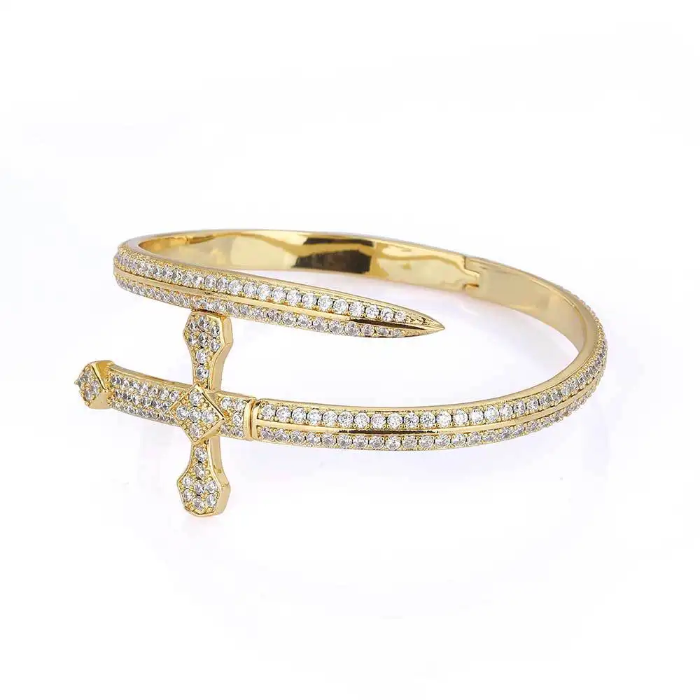 Hip Hop Bling Iced out Người Đàn Ông Của Pha Lê Zircon Brass Vàng Zulfiqar Thanh Kiếm Vòng Đeo Tay