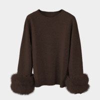 Pull-over en laine 100 % tricoté pour femme, col rond, couleur unie, doux, avec poignets en fourrure de renard – Nouvelle collection en gros