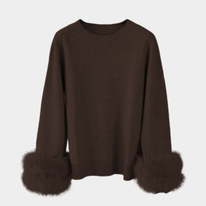 Nuovo Arrivo all'Ingrosso: Maglione Pullover da <span class=keywords><strong>Donna</strong></span> in 100% Lana, Colore Tinta Unita, Collo a O, con Polsini in Pelliccia di Volpe - Product Image 3