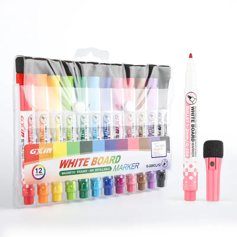 Gxin G-208Cl-12 renkli 12 renk beyaz tahta işaretleyici mıknatıs ile kuru silinebilir kalem ofis için özelleştirilmiş beyaz tahta kalem