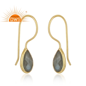 Pendiente de piedras preciosas de labradorita de pera, pendiente de gancho de plata de diseñador chapado en oro indio, proveedor de joyería - Product Image 2