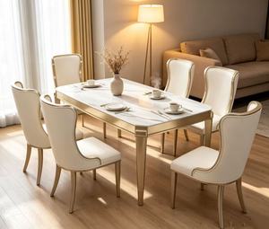 Juego de Comedor de Lujo con Mesa de Mármol, 6 Plazas con Sillas de Cuero Crema y Estructura Dorada - Product Image 6