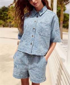 2025 été Vintage costume décontracté poche ample à manches courtes Denim chemise Shorts motif solide au-dessus du genou longueur tricot tissu - Product Image 1