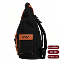 Sac à dos scolaire vintage en toile noire avec fermeture éclair, durable, style rétro, garniture marron, grand format, multi-compartiments