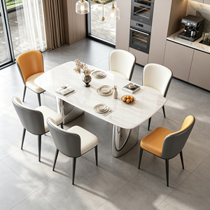 Ensemble de table à manger rectangulaire de luxe en pierre frittée, base en acier inoxydable blanc avec 6 chaises en PU aux couleurs assorties, meubles de salle à manger - Product Image 1