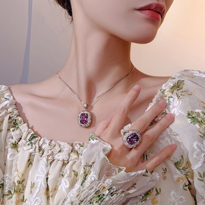 Fashion Eco-friendly Copper Gold Plated 12*16MM Zircon <b>Big</b> Shinny Stone Pendant Ring Jewellery Set for Womens - Product Image 6