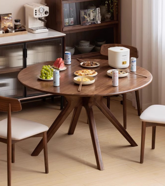 Solid Black Walnut Wood Round Dining Table, Mid-Century Modern Circular Kitchen Table with Radial Legs for 4-6 People