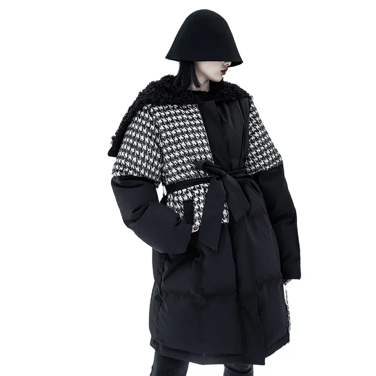 Tüvit orta uzunlukta pamuk ceket kadın kış tasarım duygusu yün rulo kapşonlu büyük yaka kalın pamuk ceket