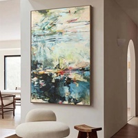 Peinture acrylique texturée sur toile, nature morte abstraite, faite à la main, atmosphérique, en bleu et vert, pour une utilisation intérieure à la maison