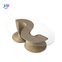 Table basse moderne en forme de S, écologique, avec base en bois spirale unique et plateau en verre, meuble de décoration pour la maison, le café, l'hôtel, le centre commercial, le bureau