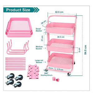 Pink Three-Layer Metal Storage Cart With Wheels For Kitchen Organization Modern Utility <b>Trolley</b> - Product Image 2