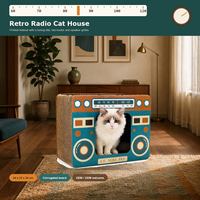 Maison pour chat en carton style radio rétro avec design imprimé boombox, cadran de tuner et haut-parleur, pour chats d'intérieur, vente en gros, fourniture d'usine
