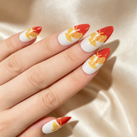 Faux ongles de luxe à presser en forme de feuille de Ginkgo, longs, forme amande, ambiance automne, rouge pailleté, couvrance totale, réutilisables, en acrylique, lot complet