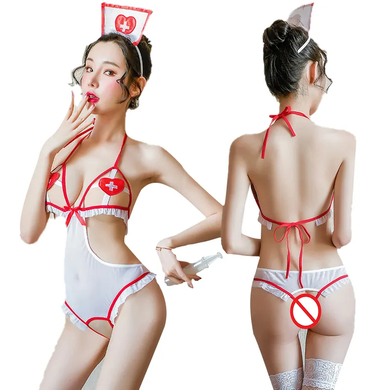 Women Open Crotch Japanese Sexy Hot Sheer Lace Nurse Uniform Costume Lingerie Halloween Cosplay Bodysuit