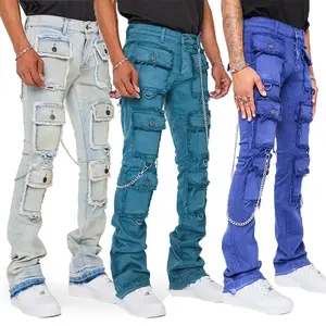 Custom Design Casual Slim Fit Street mens pants wear Multi Patch Pocket Denim Jeans Distressed Fashion Stacked Jeans