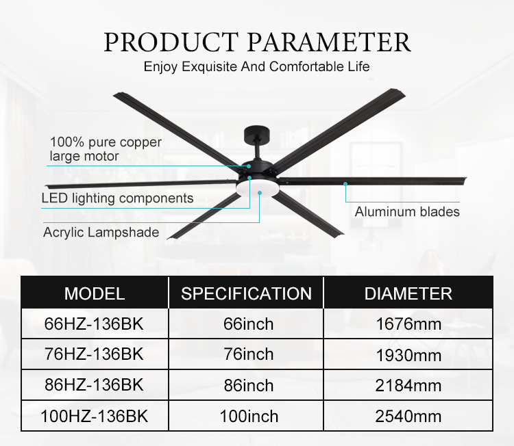 100 86 76 66inch Large industrial fan remote control ceiling fan with light ventilador de techo con luz led ceiling fans