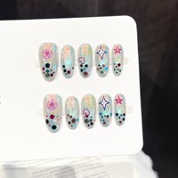 Faux Ongles Ovale à Presser Effet Aurore Étoile Cœur Pailleté Scintillant Faits Main Doux et Rêveurs Irisés – Lot de 10 Pièces