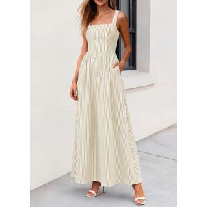Vestido Maxi de Verano para Mujer FOXA, Vestido de Playa con Rayas, Cuello Cuadrado, Corte en A, Cintura Imperio, Transpirable y Largo - Product Image 5