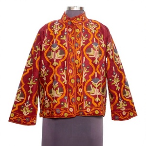 Elegant Red Mandarin Collar Jacket With Floral Hand Embroidery Full Sleeve Autumn Women's Woven Polyester Coat - Product Image 1