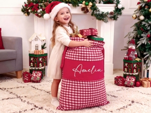 Boutique Embroidered Checkered Xmas Sack Personalized Plaid Drawstring Santa <b>Gift</b> <b>Bags</b> for Party Decor Supplies - Product Image 5