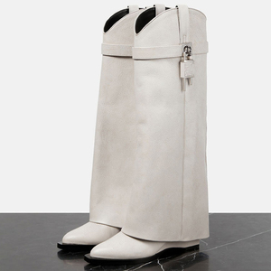 Women High Heel Wedge Wide Calf <strong>Boots</strong> Pointy Toe Shark Lock Printed <strong>Trouser</strong> <strong>Boots</strong> for Men - Product Image 5