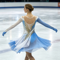 Robe de danse patinage bleue et blanche, épaules dénudées, manches longues en maille, garniture en strass dorés pour enfants et adultes, compétition et performance