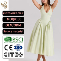 Robe midi plissée vert menthe personnalisée à col en V profond, taille basse, style vintage, pour femme, idéale pour bal de promo ou cocktail, OEM ODM BSCI