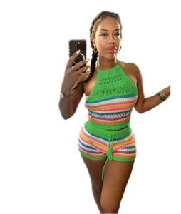 طقم كروشيه قصير مخطط من قطعتين بدون أكمام طقم محبوك من قطعتين طقم كروشيه كاجوال للنساء - Product Image 6