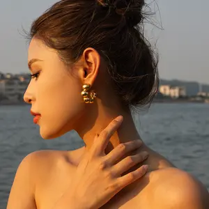 New Arrival Jewelry Waterproof Stainless Steel Earring 18K Gold Plated Bead Hemisphere C Hoop Earrings for Women