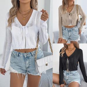 Atacado Outono Europa e América Lazer <span class=keywords><strong>Lace</strong></span>-up Escavado Mangas Compridas De Malha Camisola Casaco <span class=keywords><strong>Cardigan</strong></span> Jaqueta das Mulheres - Product Image 1